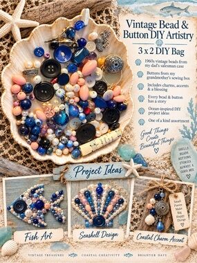 Vintage Ocean-Inspired Bead & Button Brooch - Blue and Pink